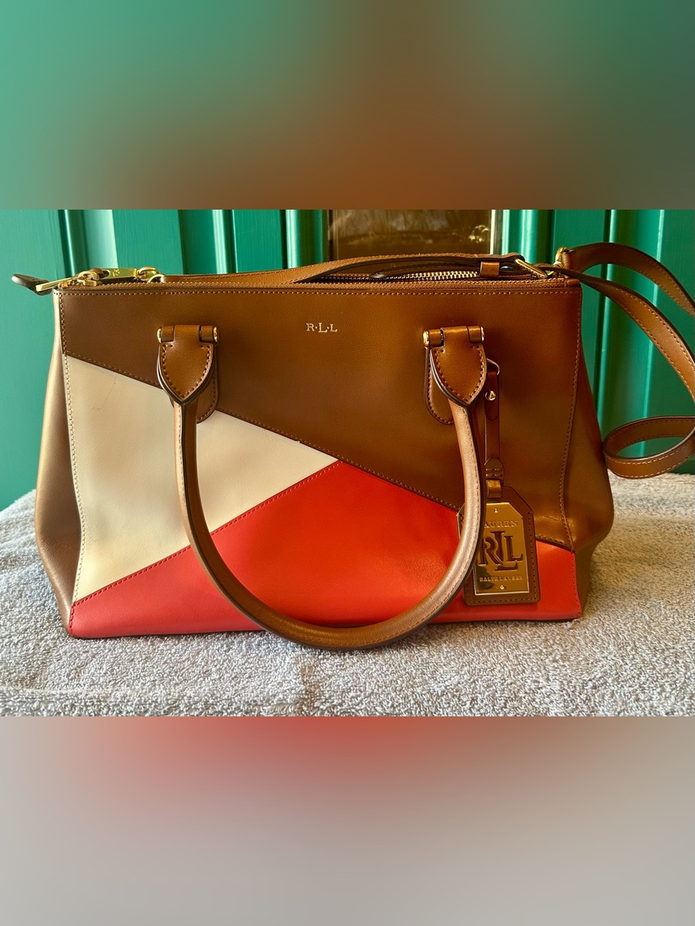 Lauren Ralph Lauren Colorblock Leather Satchel Handbag Brown Red Cream Crossbody